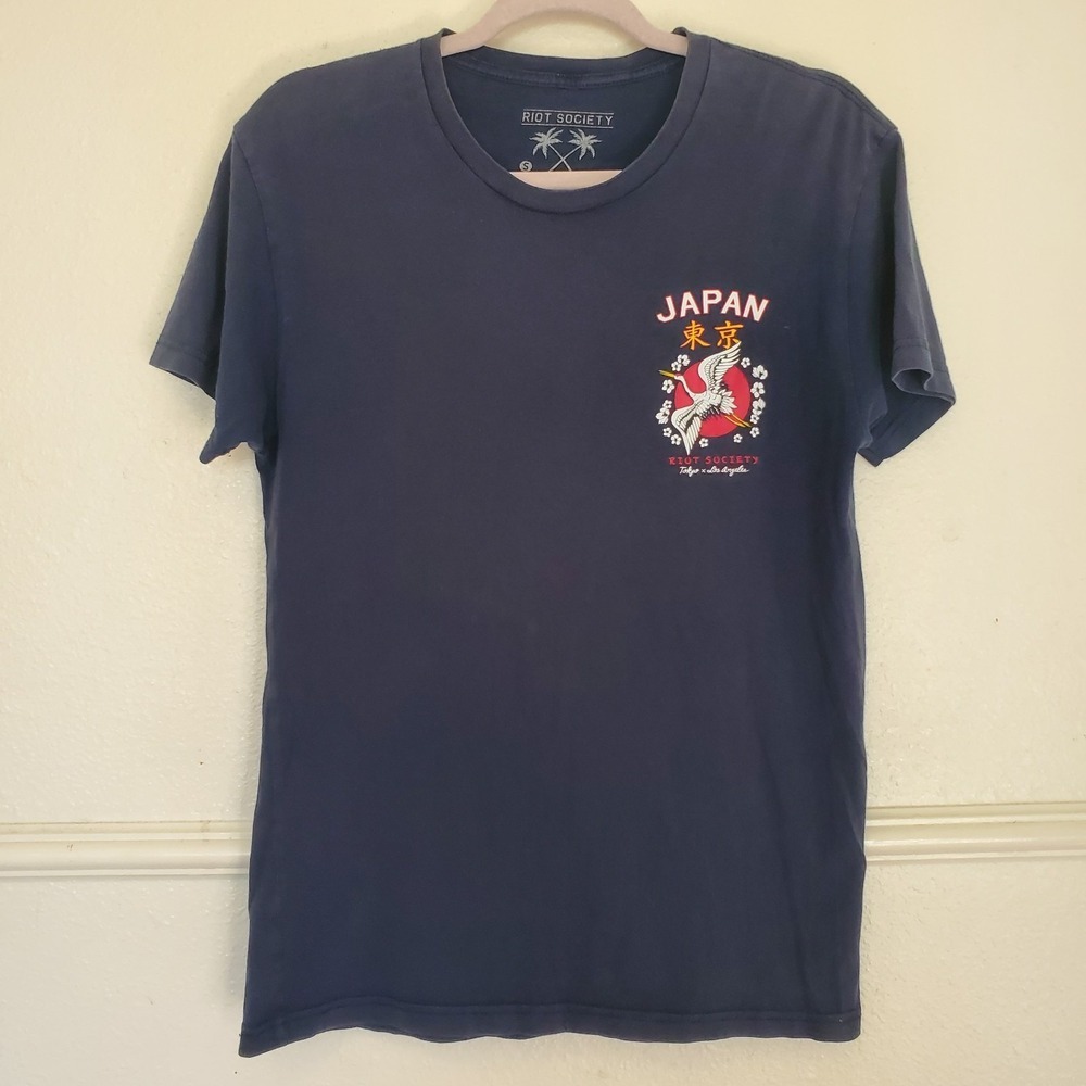 Riot Society Japan Crane Graphic T-shirt Japan x LA navy blue short sleeves Sz S
